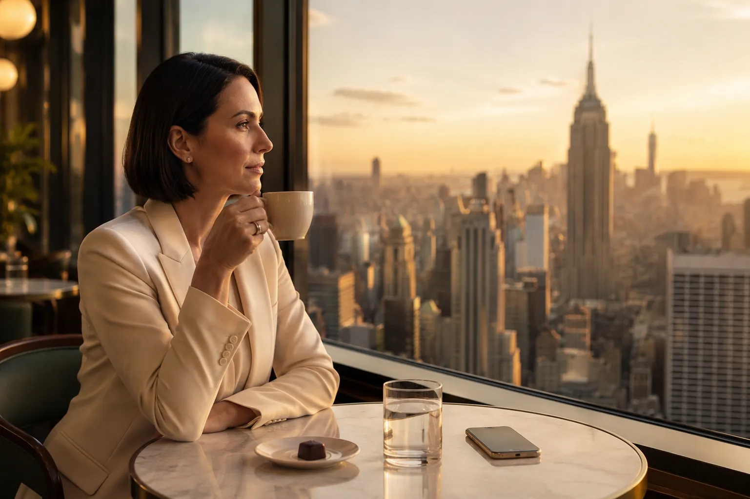 A travel professional pausing for coffee with a city skyline in view, at ease while GuideSphere manages the coordination behind the scenes