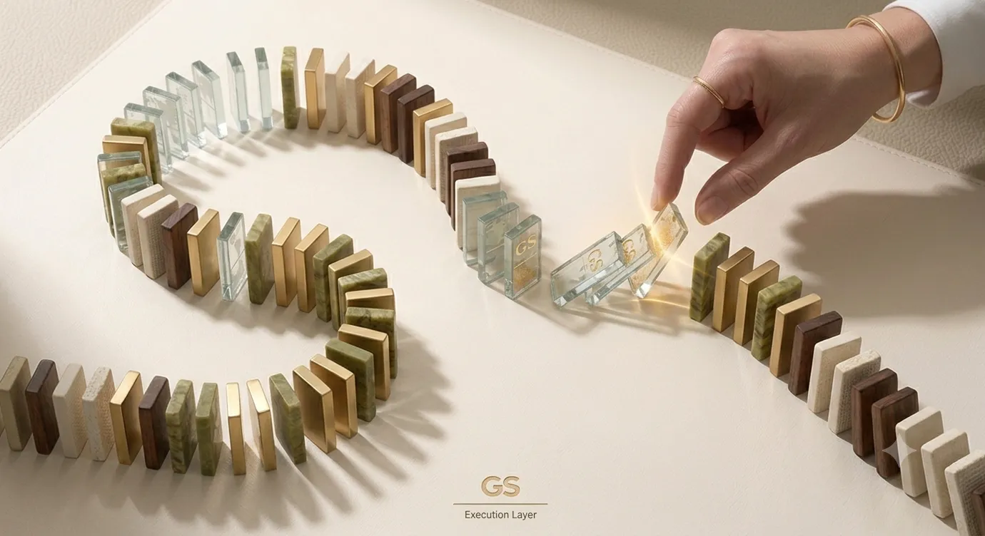 A row of dominoes, representing how one delay or change during execution can cascade through a coordinated itinerary