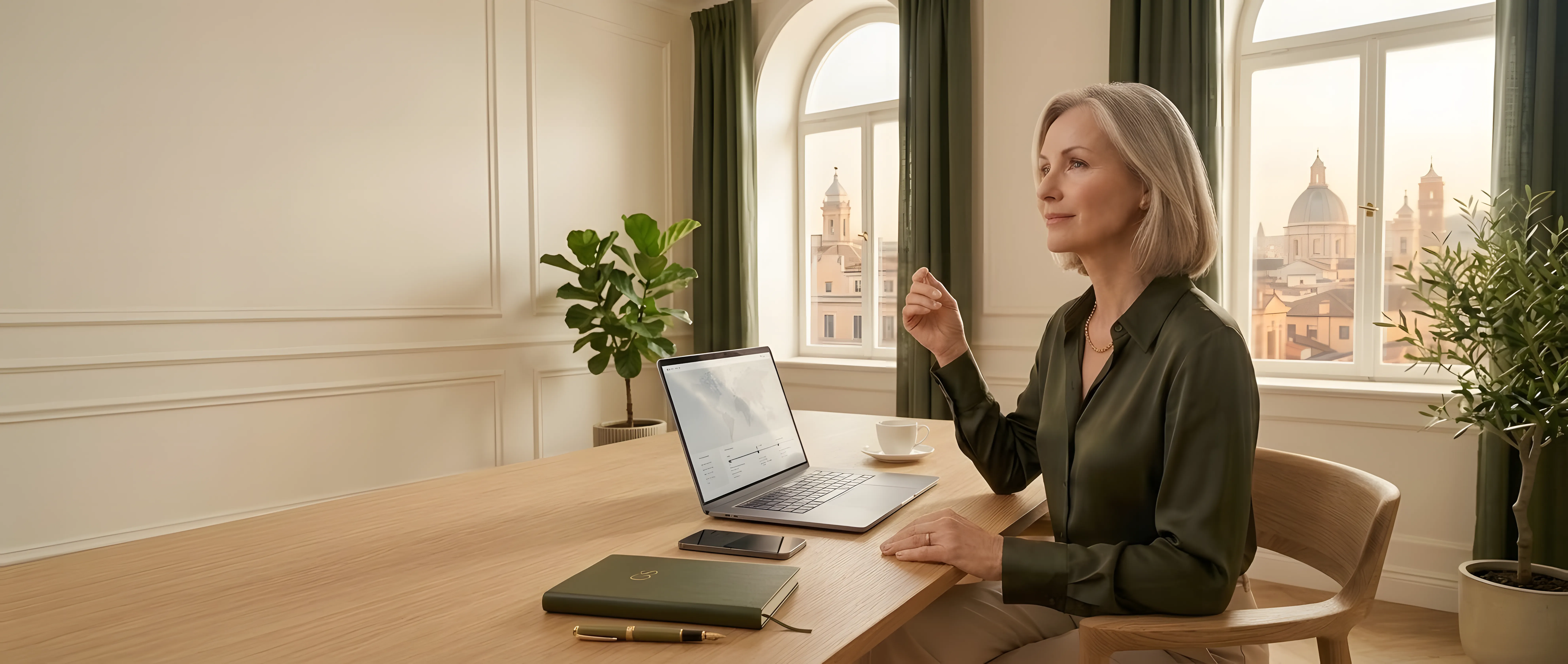 A travel professional at a desk overlooking a European city, coordinating an itinerary