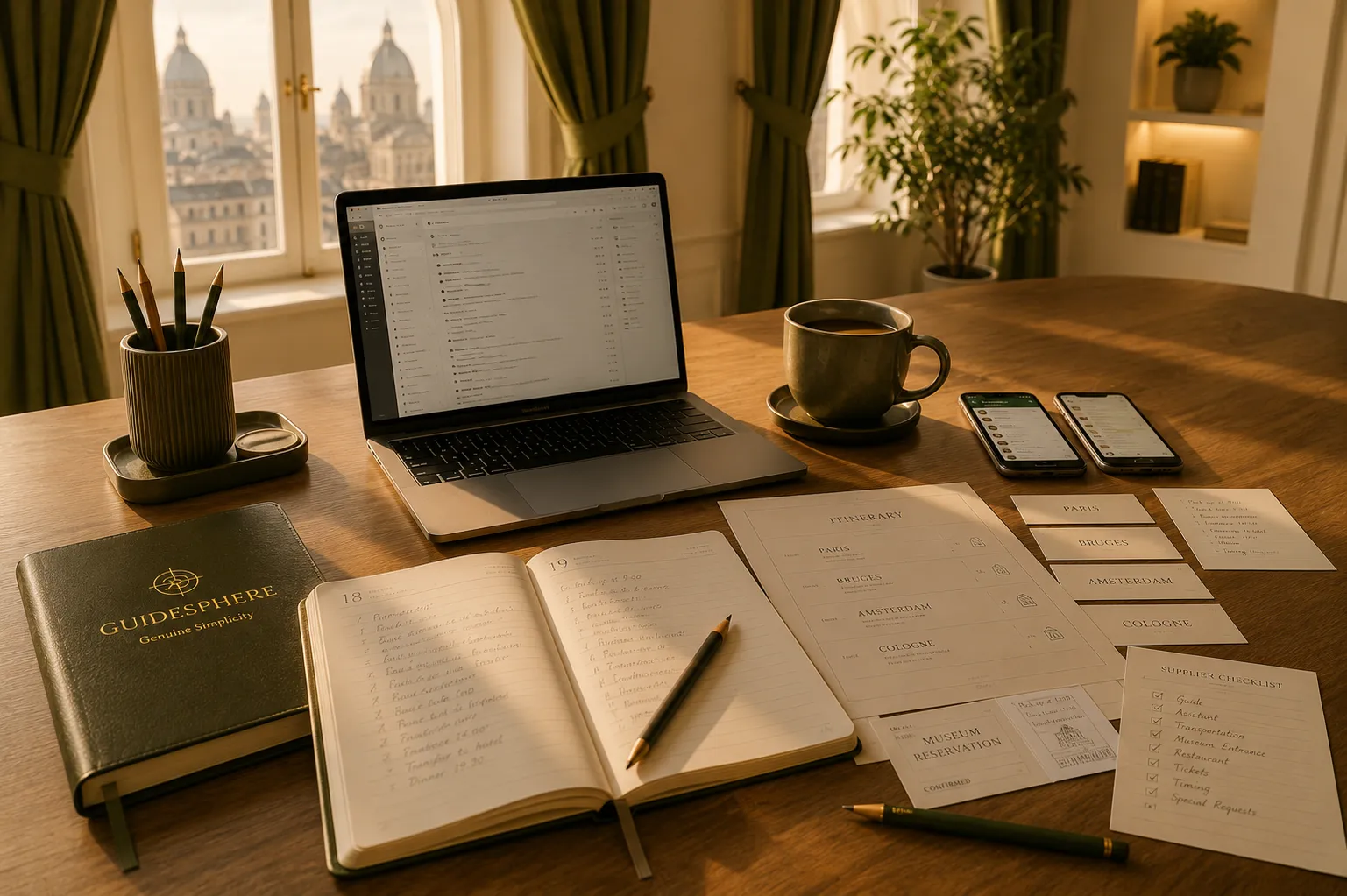 An organized desk with an open itinerary, notes, and a laptop, representing the coordination work behind a single travel request
