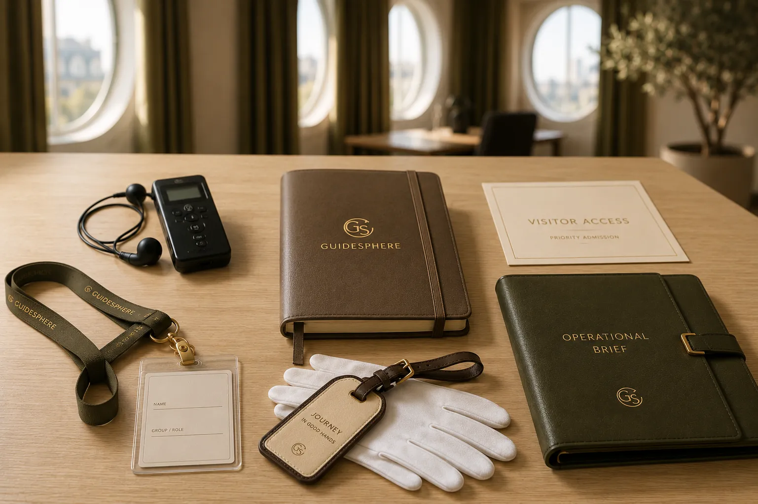 Curated GuideSphere travel essentials laid out on a table: a branded journal, operational brief, visitor access card, and journey tag