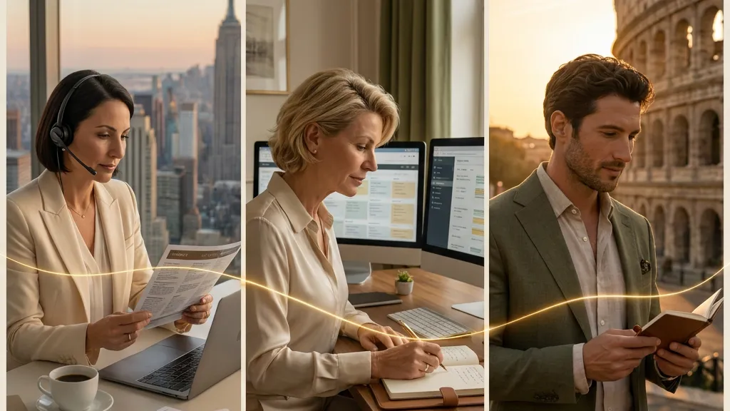 Three connected moments of coordination: an agent managing requests, a specialist preparing an itinerary, and a traveler exploring with confidence