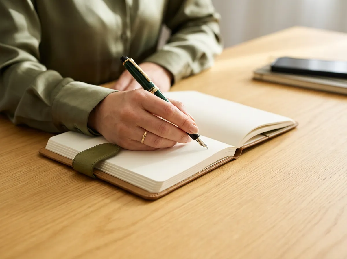 A hand writing in an open notebook, a moment of quiet attention